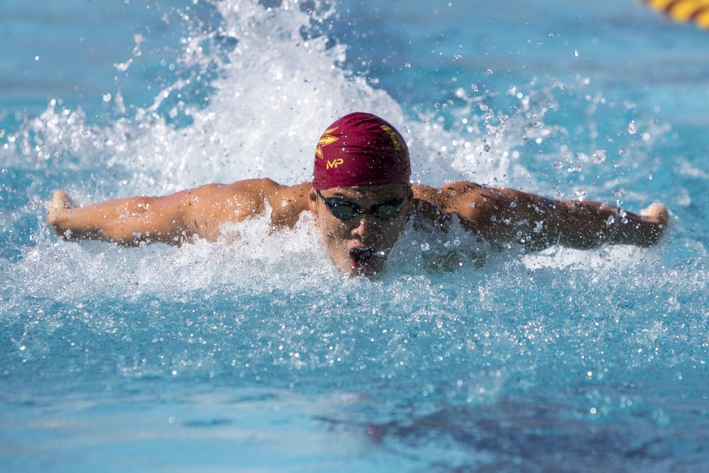 Senior Sean Kao competes in the 200 yard medley relay against the Air Force Academy on Saturday, Nov. 7, 2015, at Mona Plummer Aquatic Center in Tempe. Air Force defeated the Sun Devils 158-142.