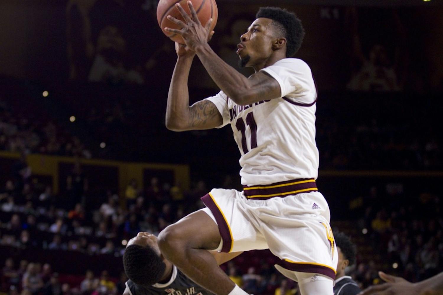 ASU junior guard Shannon Evans II (11) goes up for a layup in the second half of a men's basketball game against the UNLV Runnin' Rebels in Wells Fargo Arena in Tempe, Arizona on Saturday, Dec. 3, 2016. ASU won 97-73, putting them at 5-3 on the season.