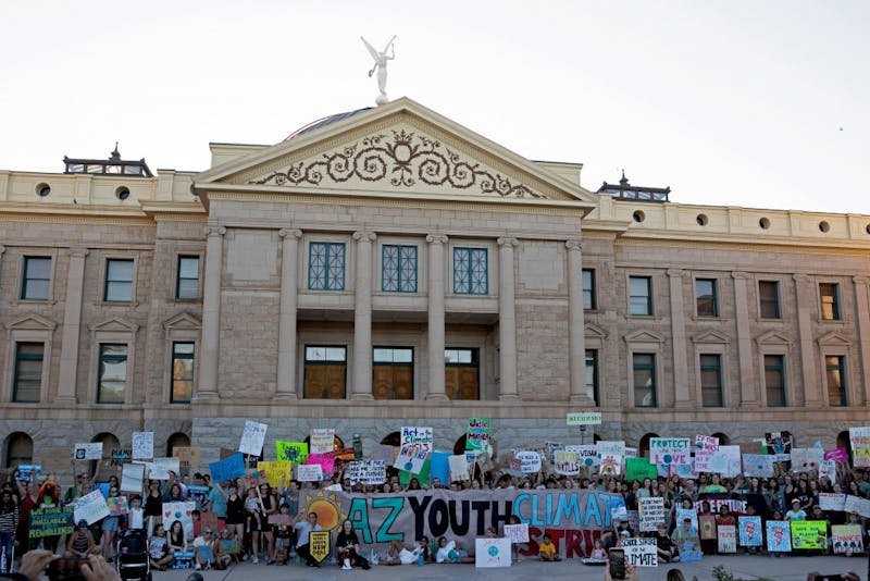 Arizona Youth Climate Strike protesters in front of the Arizona State Capitol in Phoenix, Arizona on Friday, Sept. 20, 2019.