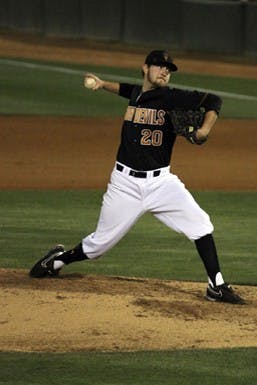 Brady Rodgers throws a pitch in the blackout game against USC on April 13. Rodgers and the pitching staff are expected to have a big impact against the hot-hitting Wildcats on Tuesday. (Photo by Sam Rosenbaum)