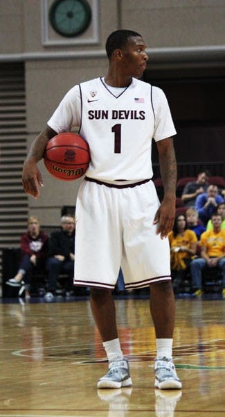 Redshirt freshman guard Jahii Carson looks to the bench on a dead ball during the Sun Devils’ 87-73 loss to No. 14 Creighton in the Continental Tires Las Vegas Invitational on Nov. 25. (Photo by Josh Nacion)
