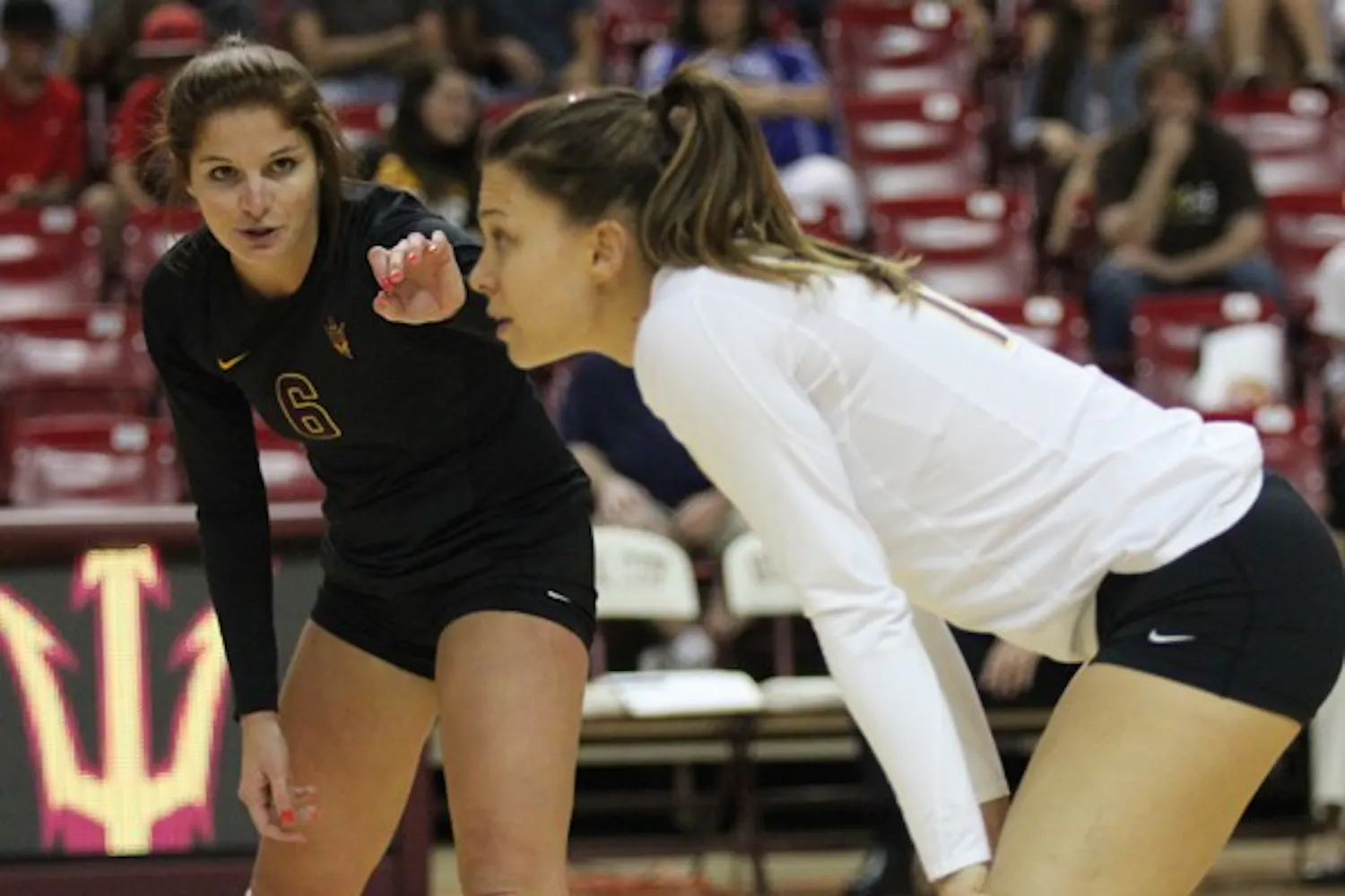 Junior libero Stephanie Preach relays commands to a teammate during the Sun Devils’ 3-1 win over Gonzaga on Sept. 15. (Photo by Kyle Newman)