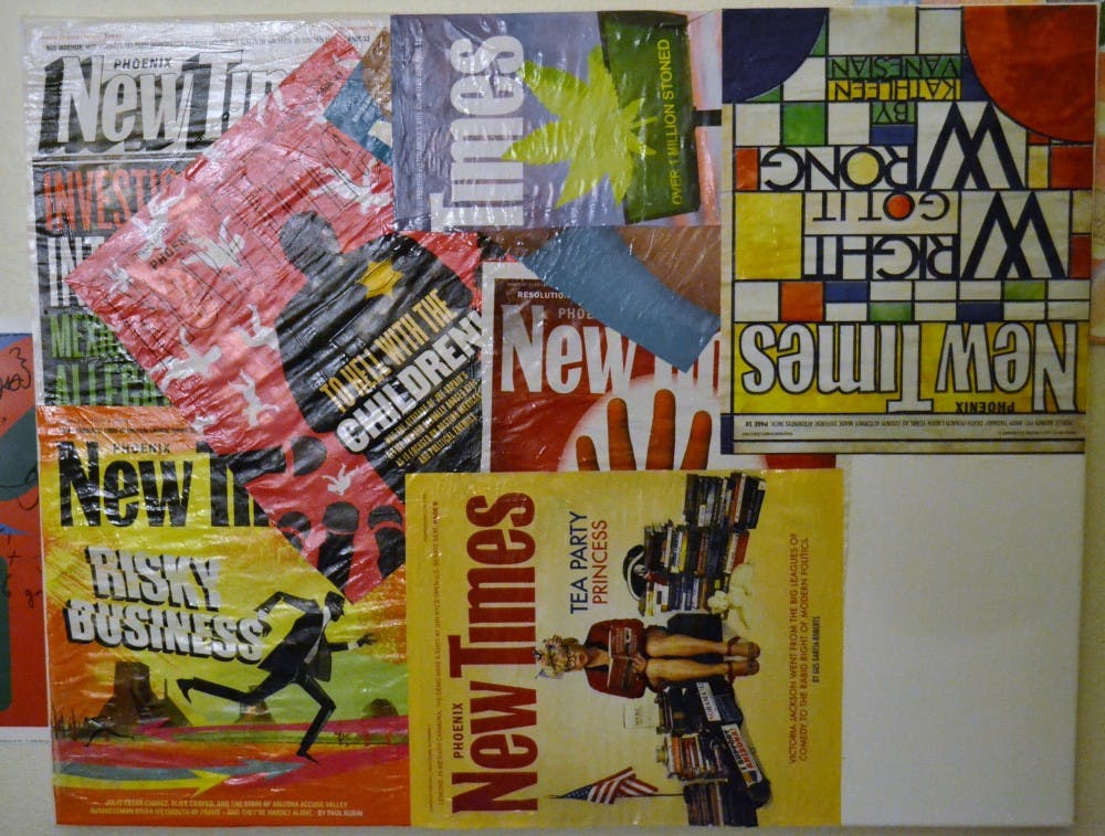 My in progress collage using the covers from the Phoenix New Times. Photo by Faith Breisblatt.