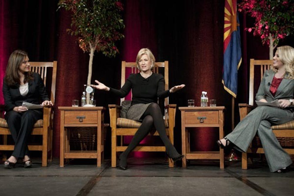 EXCELLENCE: Diane Sawyer answers questions from Cronkite School seniors Siera Lambrecht (left) and Kylee Gauna during the ceremony for the 2010 Walter Cronkite Award for Excellence in Journalism. Sawyer elected to have two Cronkite students interview her instead of giving a traditional speech. (Photo Courtesy of Molly Smith)