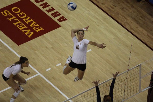 Freshman outside hitter Macey Gardner (12) goes up for a spike during the Sun Devils’ 3-0 win over California on Friday. (Photo by Kyle Newman)