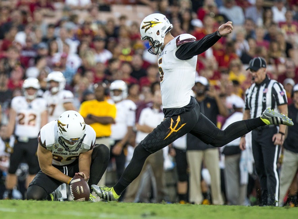 ASU Sun Devils place kicker Zane Gonzalez (5) kicks his 86th career field goal, a Pac-12 record, during a game against the USC Trojans in the Los Angeles Memorial Coliseum on Saturday, Oct. 1, 2016. 