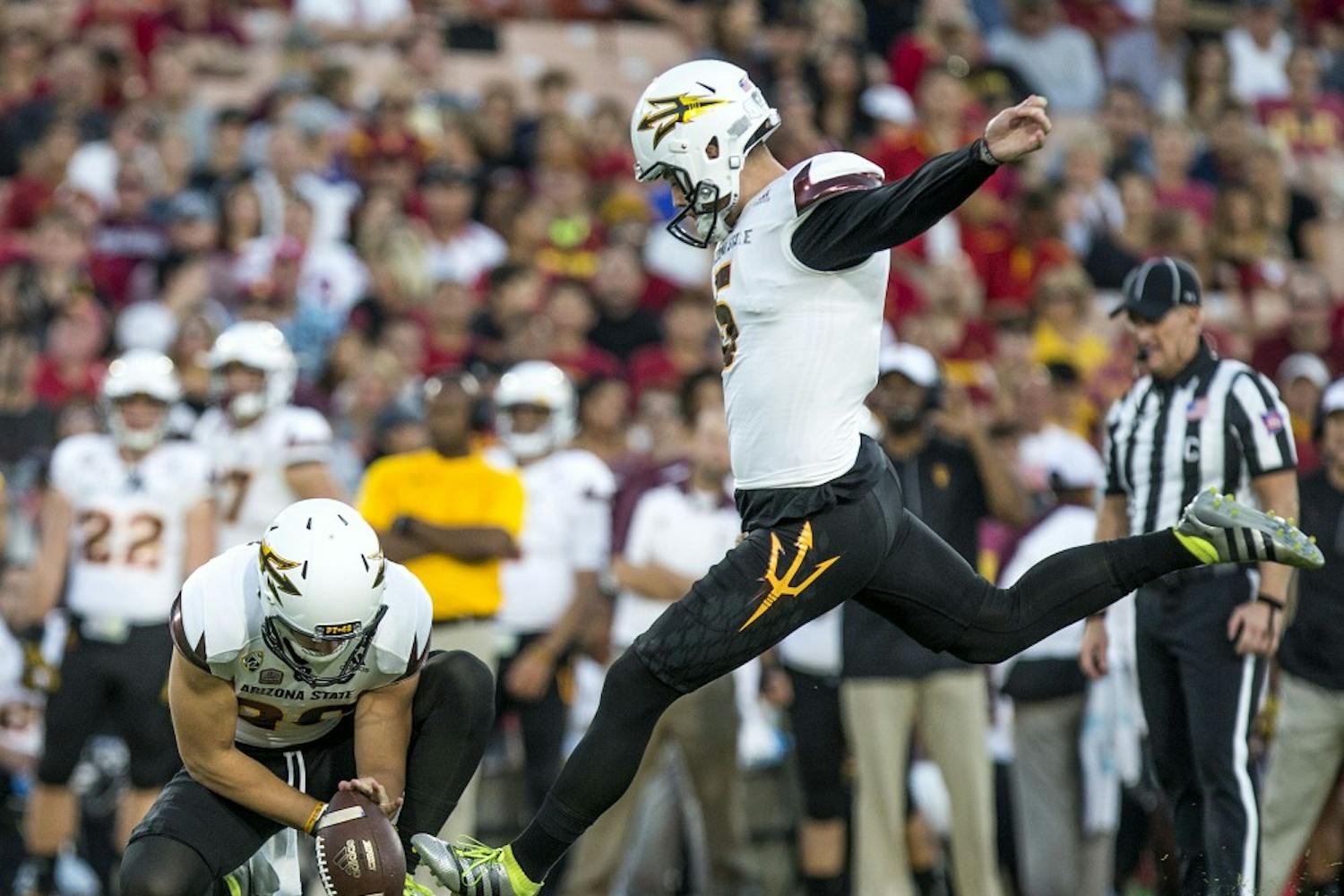 ASU Sun Devils place kicker Zane Gonzalez (5) kicks his 86th career field goal, a Pac-12 record, during a game against the USC Trojans in the Los Angeles Memorial Coliseum on Saturday, Oct. 1, 2016. 