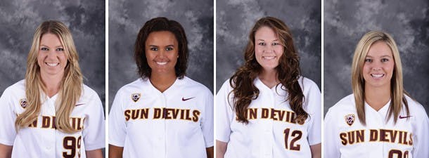 (Left to right) Softball pitchers Makenzie Popescue, Alexis Cooper, Dallas Escobedo and Jenna Makis. (Photos Courtesy of ASU Athletics)