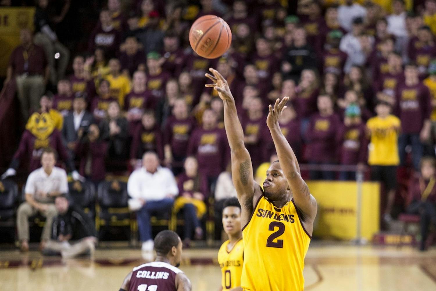 Arizona State Sun Devils forward Willie Atwood (2) shoots from outside the arc during a game against Texas A&M at Wells Fargo Arena in Tempe, Ariz., on Saturday, Dec. 5, 2015. The ASU Sun Devils took down the Texas A&M Aggies 67-54. 