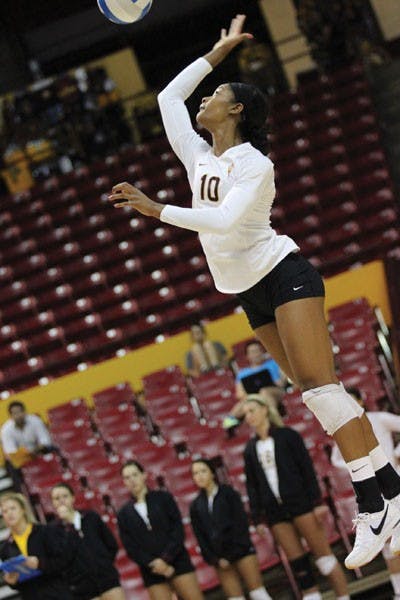 Senior outside hitter Erica Wilson serves the ball during the ASU Sheraton Invitational last weekend.  (Photo by Kyle Newman)