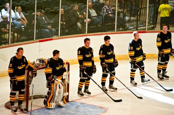ASU starters line up on the ice for pregame introductions prior to the Sun Devils’ 3-1 win at UA on Nov. 3. (Photo courtesy of Michelle Hekle)