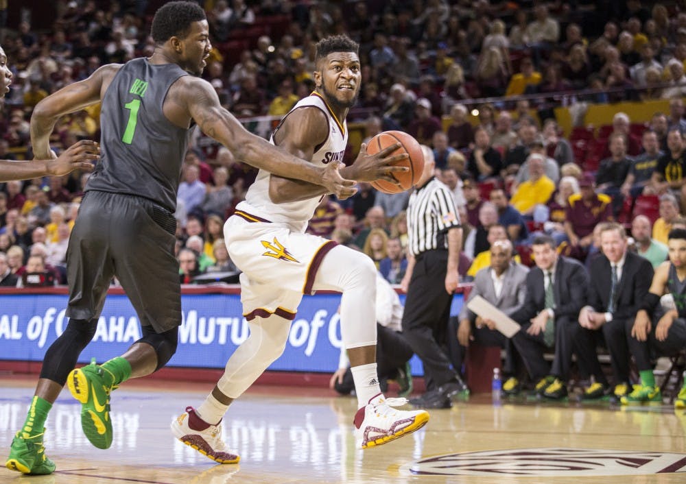 Arizona State Sun Devils forward Savon Goodman pushes into the paint during a game against the Oregon Ducks at Wells Fargo Arena in Tempe, Arizona, on Sunday, Jan. 31, 2016. The Ducks took the win from the Sun Devils, 91-74.