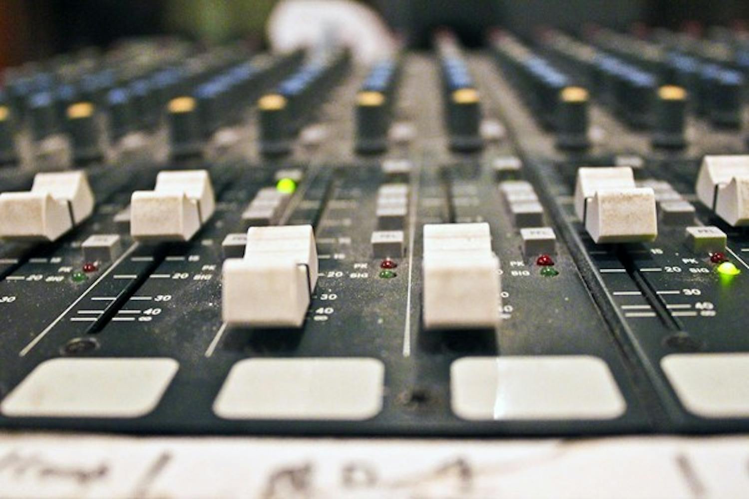 A close-up shot of the soundboard in the production booth at KASC “The Blaze,” ASU's original alternative and indie radio station. (Photo by Marissa Krings)