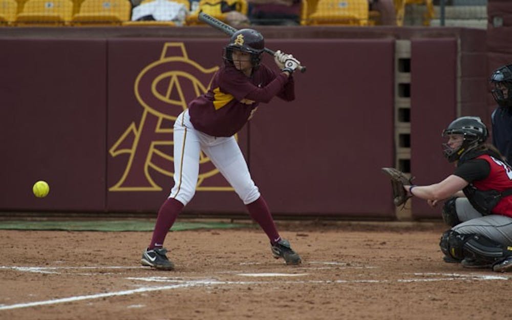 LOOK OUT: ASU sophomore Jessica Donovan waits for a pitch during the Sun Devils’ win against Rutgers in February. ASU will begin a three-game series with No. 2 UA Thursday night in the Pac-10 opener for both teams. (Photo by Michael Arellano)