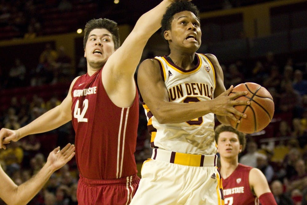 ASU junior guard Tra Holder (0) goes up for a layup during a men's basketball game against the Washington State Cougars in Wells Fargo Arena in Tempe, Arizona on Sunday, Jan. 29, 2017. ASU lost 91-83. (Josh Orcutt/State Press)