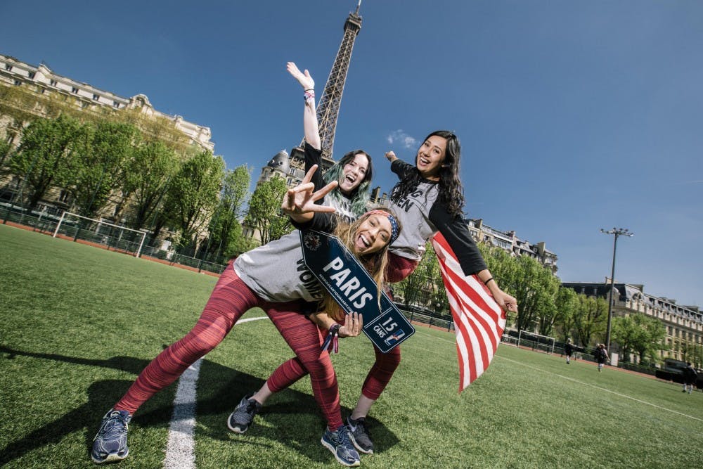 Wing Women Caira Button, Katie Knoepker and Emily Poes celebrate after finishing the Red Bull Can You Make It challenge.