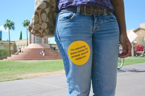 WEARING JEANS FOR JUSTICE: ASU Students wore jeans for Denim Day on Thursday to raise awareness for sexual assault after a court in Italy overturned a rape conviction, claiming the victim must have helped removed the jeans and thus consented. (Photo by Lisa Bartoli)