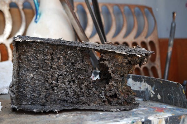 METAL CREATION: Erik Bogner, a final semester Master of Fine Arts student, made this pattern-welded steel. The metals combined to make this piece had to be heated to about 2,000 degrees Fahrenheit. (Photo by Christopher Leone)