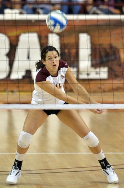 EYES UP: Freshman outside hitter Danica Mendivil sets up a pass during a recent match at Wells Fargo Arena. The Sun Devils finish their season this weekend against No. 2 California and No. 4 Stanford. (Photo by Aaron Lavinsky)