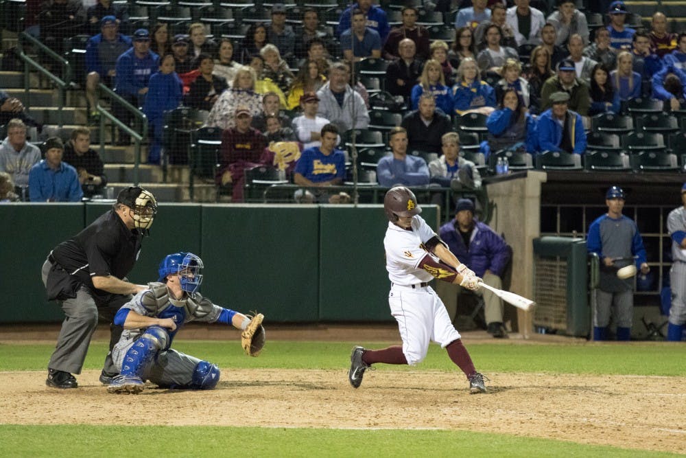 Junior Jordan Aboites hits a walk off single against Cal State Bakersfield at Phoenix Municipal Stadium on Thursday.