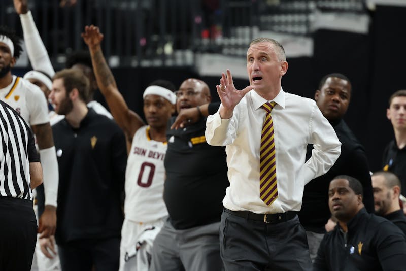 ASU men's basketball head coach Bobby Hurley shouts from the sidelines against Oregon State at T-Mobile Arena in Las Vegas on Wednesday, March 8, 2023. ASU won 63-57.