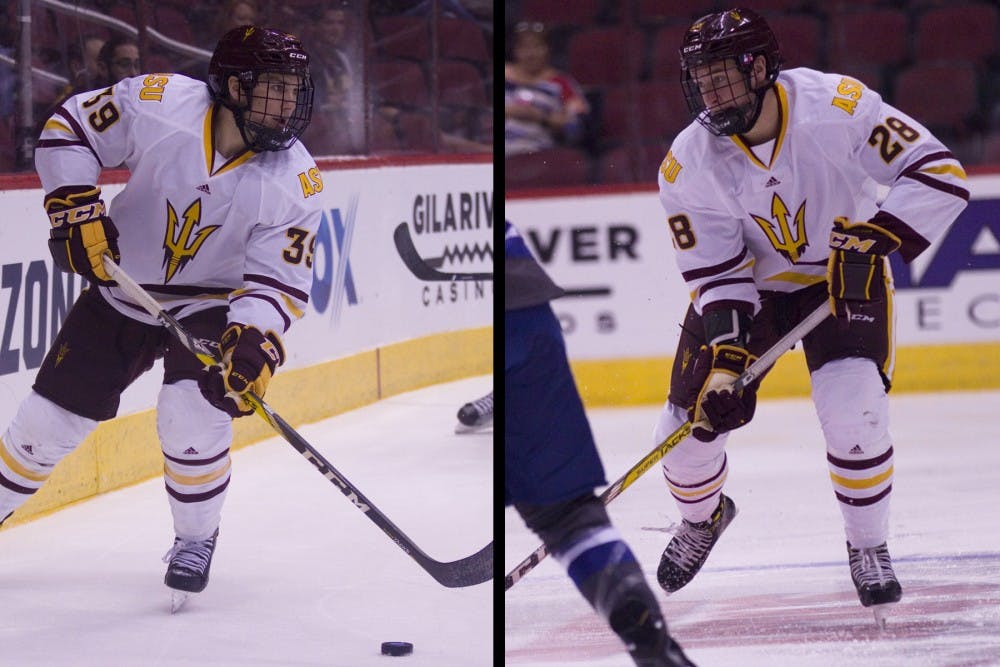 ASU freshman left winger Steenn Pasichnuk (28) passes the puck in the first period of a 5-2 victory against Air Force in Gila River Arena in Glendale, Arizona, on Sunday, Oct. 16, 2016.