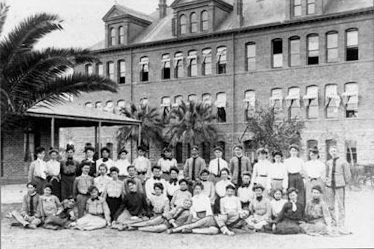 Class portrait in front of Old Main in the original Normal School Building, taken in 1901.