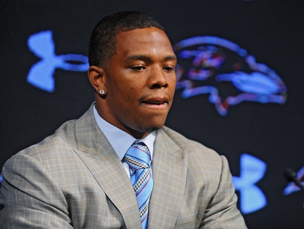 Ravens running back Ray Rice and his wife Janay made statements to the news media May 5, 2014, at the Under Armour Performance Center in Owings Mills, Md, regarding his assault charge for knocking her unconscious in a New Jersey casino. On Monday, Sept. 8, 2014, Rice was let go from the Baltimore Ravens after a video surfaced from TMZ showing the incident. (Kenneth K. Lam/Baltimore Sun/MCT) 