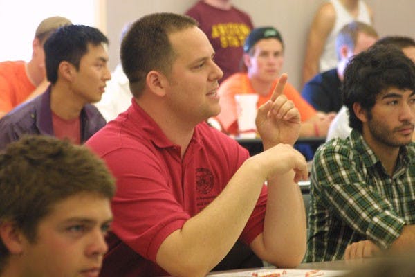 PUBLIC FORUM: State Representative David Schapira asks the USG candidates about their stance on Prop. 105 and its affects on higher education during the ASU Young Democrats' forum on friday afternoon at Discovery Hall. The forum allowed the candidates the opportunity to discuss their platforms and answer questions presented by the public. (Photo by Serwaa Adu-Tutu)