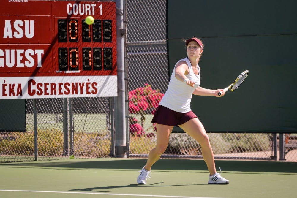 Junior&nbsp;Alex Osborne returns the ball during the match-up against the California Bears on Friday, March 4, 2016 at the Whiteman Tennis Center in Tempe, Ariz.