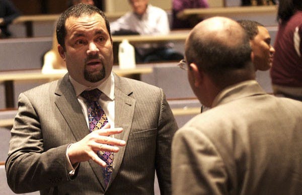 COMMUNITY LEADER: Prior to his lecture on Monday afternoon on Civil and Human rights in the 21st Century, Benjamin Jealous, president of the NAACP, talks with Paul Berman, dean of the Sandra Day O’Connor College of Law. (Photo by Scott Stuk)