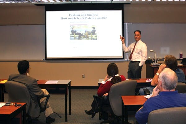 David Yermack speaks on the Tempe campus Tuesday about Michelle Obama's clothing choices and how they can affect the fashion market. (Photo by Jenn Allen)