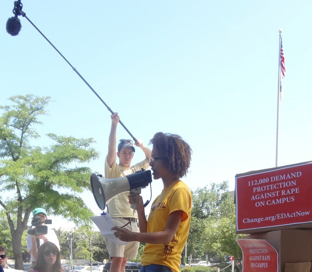 Jasmine Lester, who reports that she was sexually assaulted by an ASU professor, speaks at an event in Washington D.C. According to Lester, this is not an isolated case, and many students who have been sexually assaulted or harassed need to speak up. (Photo courtesy of Katie Baumann.) 