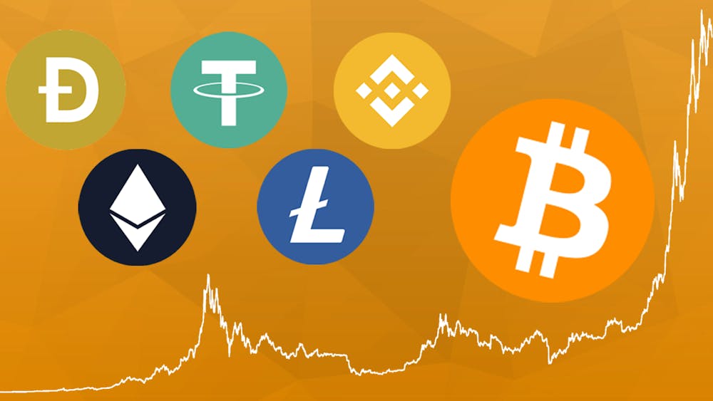 An illustration of Dogecoin, Ethereum, Tether, Litecoin, Binance Coin and Bitcoin.