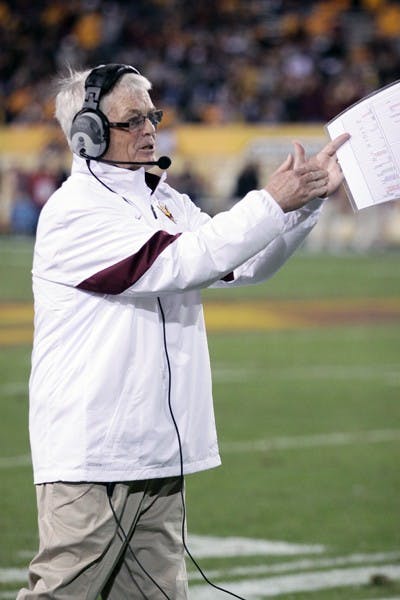 Football coach Dennis Erickson applauds on the sidelines during the Sun Devils 47-38 loss to California on Friday. Erickson said he would meet with athletic director Lisa Love sometime over the week to discuss his future with the team. (Photo by Beth Easterbrook)