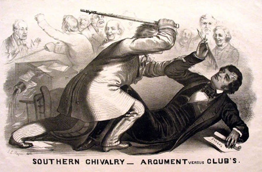 Wrestlemania Cage Fight: Preston Brooks uses illegal weaponry to knock out Charles Sumner. Photo courtesy Wikimedia Commons.