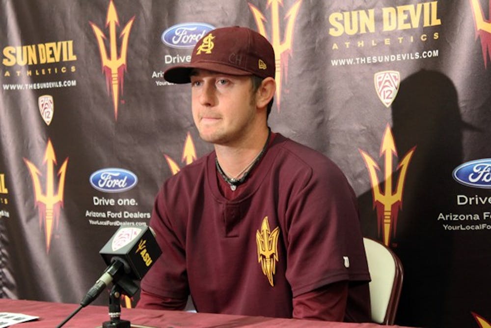 Junior pitcher Brady Rodgers fields questions from the media at ASU Baseball Media Day Feb. 7. Rodgers finished the 2011 season with a 9-4 record and expects to be a major part of the team going forward. (Photo by Tyler Emerick)
