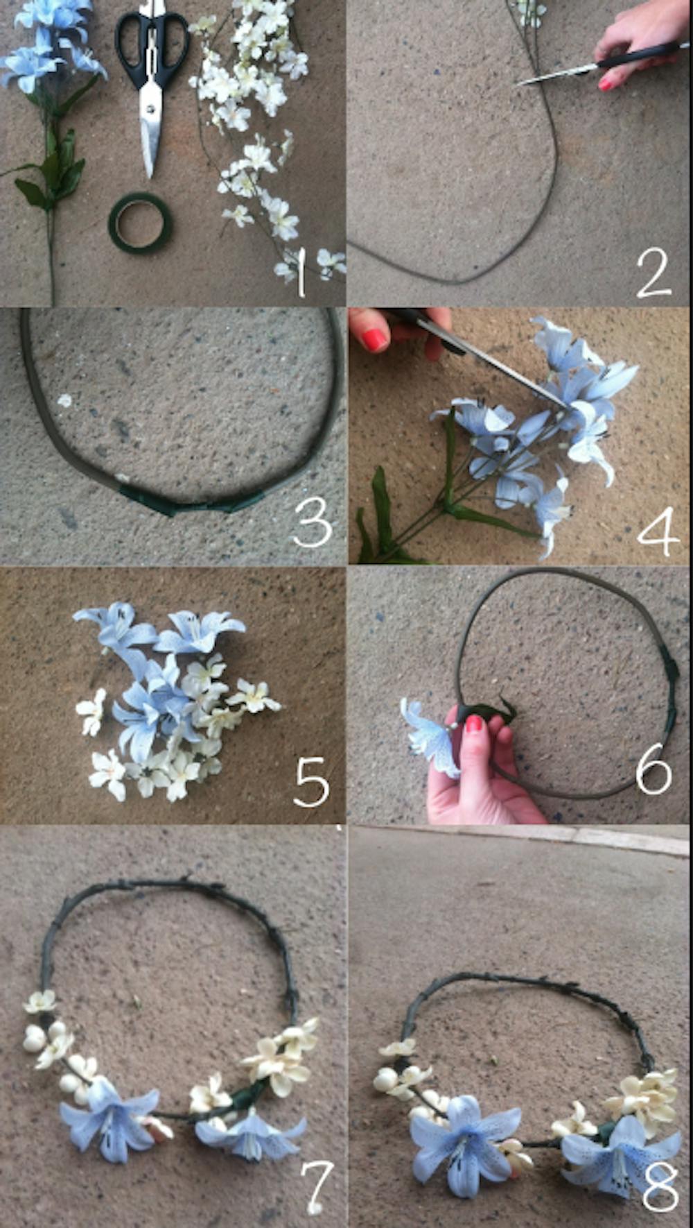  Photo collage of how to make a floral headpiece. Click to enlarge. Collage and photos by Gabi Nelson