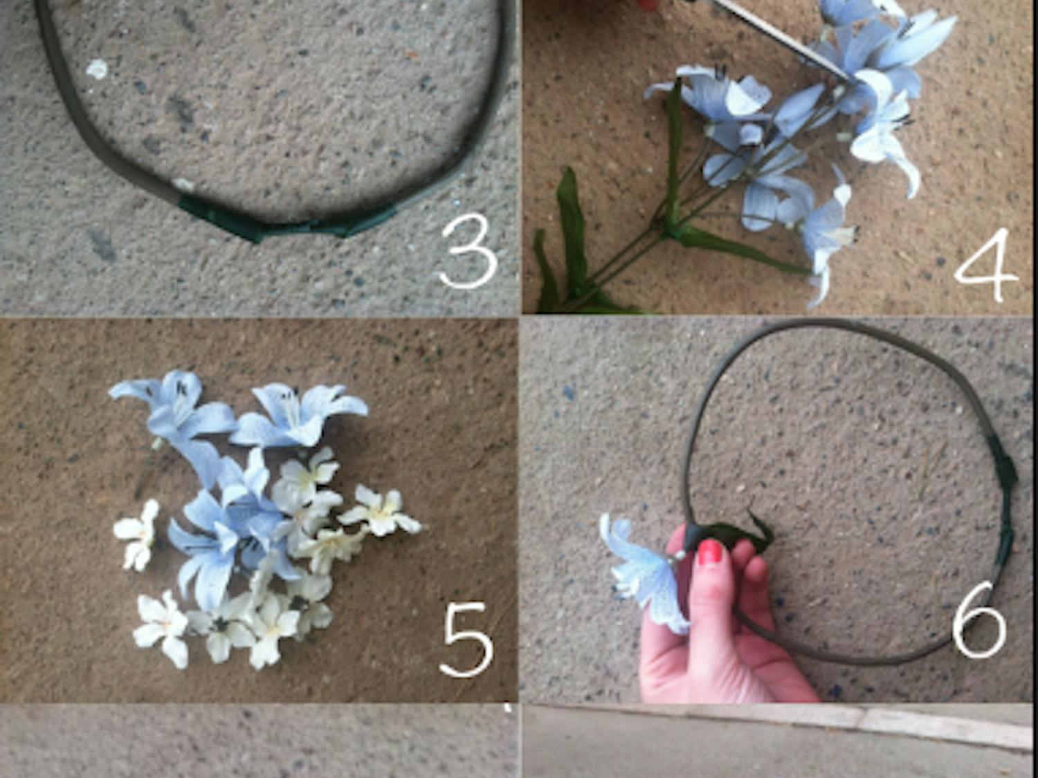  Photo collage of how to make a floral headpiece. Click to enlarge. Collage and photos by Gabi Nelson