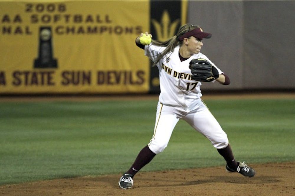 Katelyn Boyd throws a runner out at first in a game against UCLA on Apr. 5. Boyd and the Sun Devils look to continue their winning streak as they travel to face Oregon State this weekend. (Photo by Sam Rosenbaum)