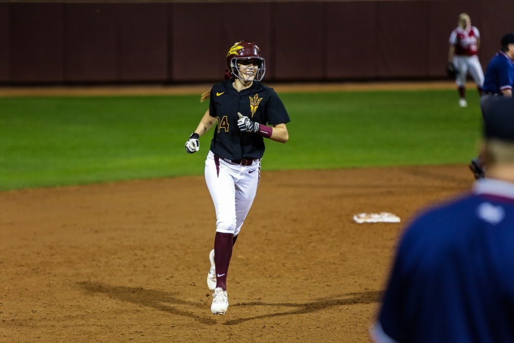 ASU junior catcher Katee Aguirre is jubilant while rounding the bases after her 3-run homer vs. Indiana softball at Farrington Stadium on Feb. 7, 2015. Aguirre would have a monster game with a 3-run home run and a walk off single as the Sun Devils romped over the visiting Hoosiers 10-2.