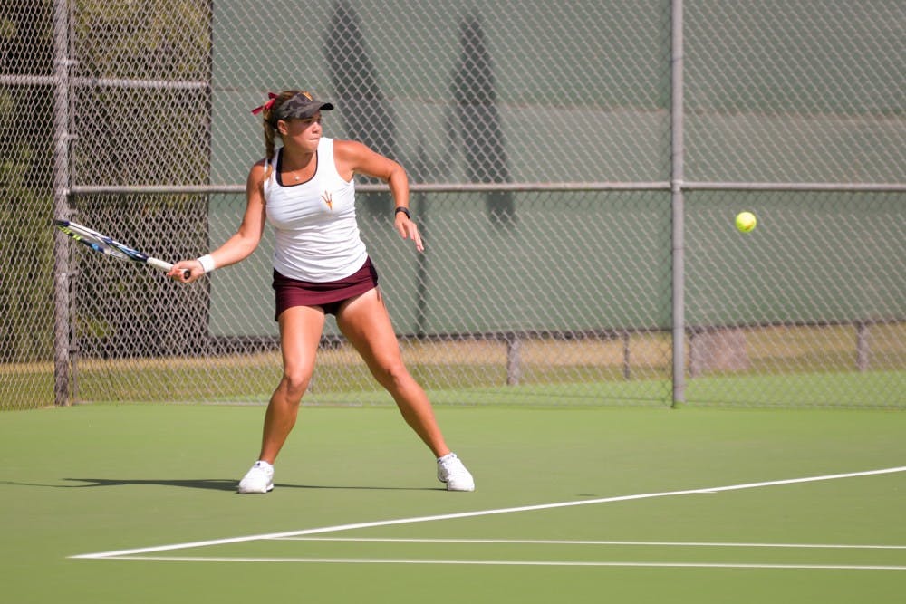 Kassidy Jump returns the ball during a match against the California Bears on Friday, March 4, 2016 at the Whiteman Tennis Center in Tempe, AZ. She defeated the No. 5 tennis player in the country.