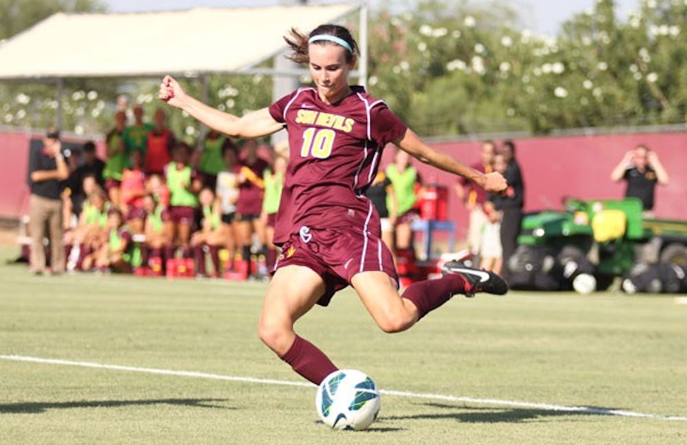 Junior defender Jasmine Roth gets set to kick the ball downfield during the Sun Devils’ 5-4 double overtime win over USC on Sept. 28. (Photo by Kyle Newman)