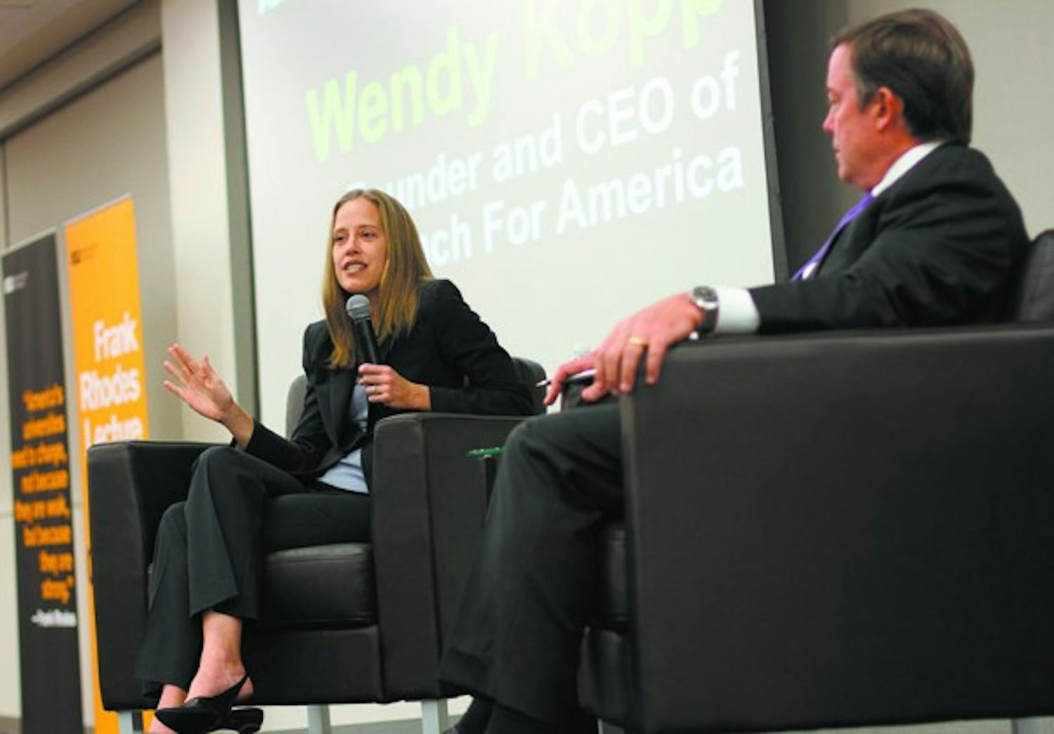 ASU President Michael Crow listens as Teach For America founder and CEO Wendy Kopp speaks in the Memorial Union Tuesday evening as part of the Frank Rhodes Lecture Series on the Creation of the Future: A Lecture Series for a New American University. (Photo by Lisa Bartoli)