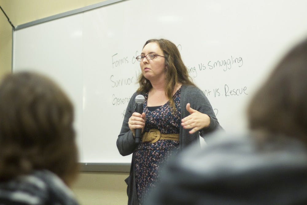 Savannah Sanders speaks to students during the Sex Trafficking Awareness Week in Tempe on Jan. 29, 2015. Sanders, a domestic victim of trafficking turned author and award-winning advocate, spoke at ASU to promote awareness of the largely unknown issue as part of the week’s programs. (Jonathan Galan/ The State Press)