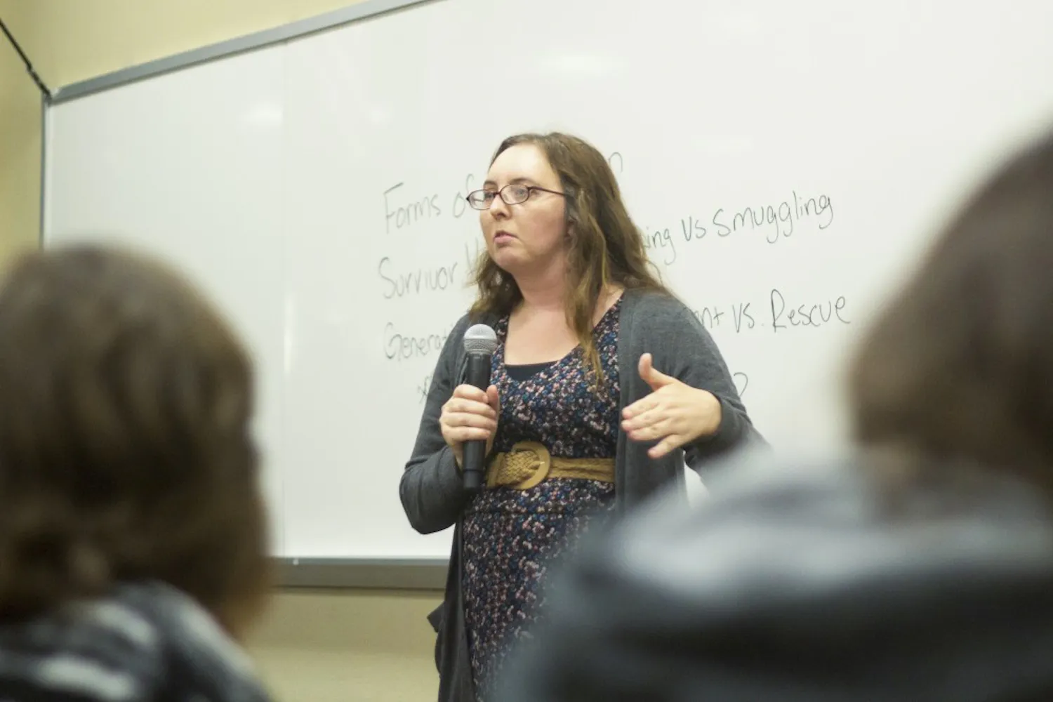 Savannah Sanders speaks to students during the Sex Trafficking Awareness Week in Tempe on Jan. 29, 2015. Sanders, a domestic victim of trafficking turned author and award-winning advocate, spoke at ASU to promote awareness of the largely unknown issue as part of the week’s programs. (Jonathan Galan/ The State Press)