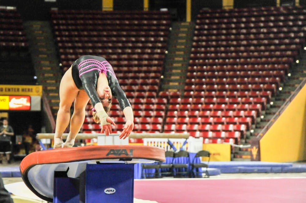 Freshman&nbsp;Eileen Imbus&nbsp;springs off the vault to open the matchup between the Sun Devils and the California Golden Bears on Monday, February 15, 2016 at Wells Fargo Arena in Tempe, Ariz.