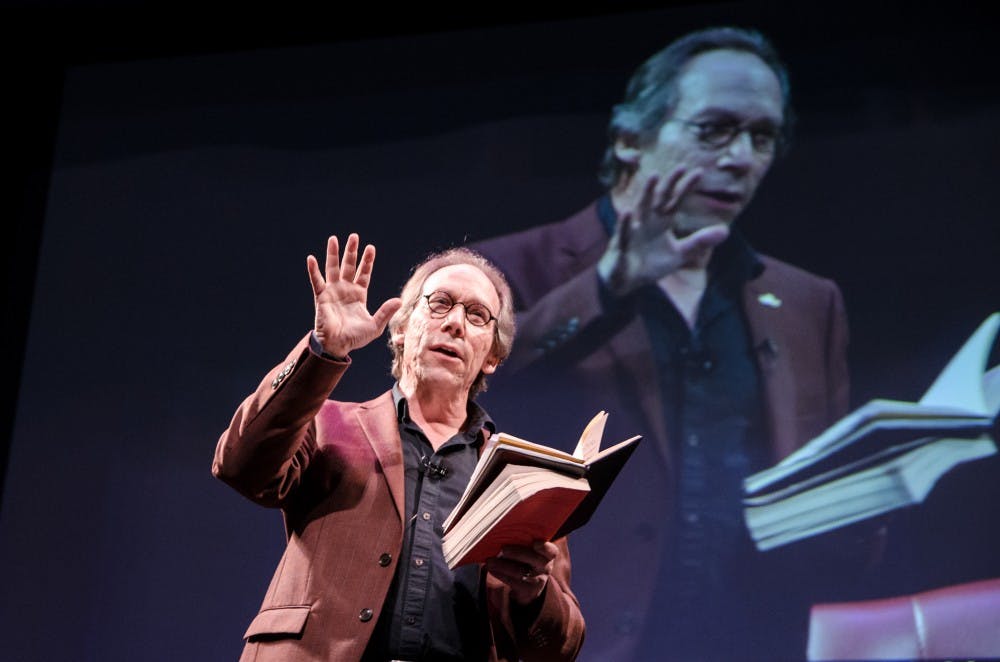 Lawrence Krauss, founder of the ASU School of Earth and Space Exploration, speaks at an Origin Projects event at the Orpheum Theater on Oct. 19, 2016. The ASU Origins Projects brings together experts to publicly discuss a wide range of cultural and scientific topics.