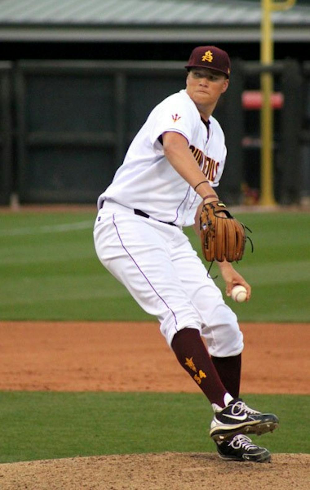 Sophomore pitcher Ryan Burr winds up for a pitch during the Sun Devils' 6-6 tie with Gonzaga at Surprise Stadium on March 3, 2013. (Hector Salas Almeida/The State Press)