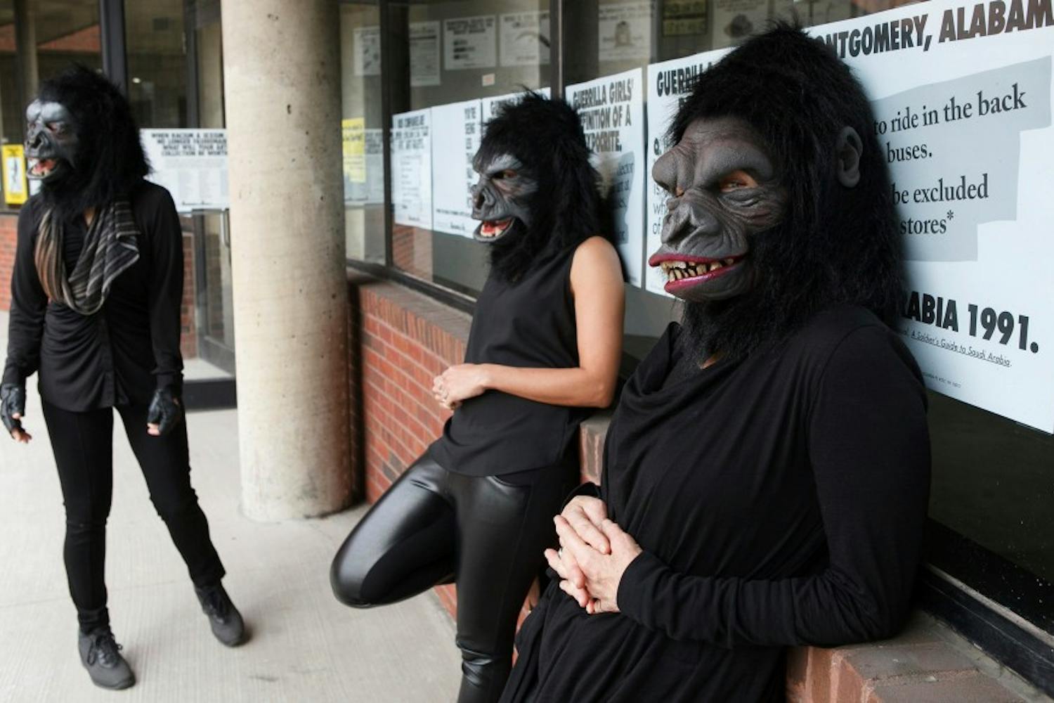 The Guerrilla Girls stand outside the Abrons Art Center in 2015.&nbsp;ASU will be hosting&nbsp;one of the Guerrilla Girls’ founding members on Nov. 18, 2016.&nbsp;
